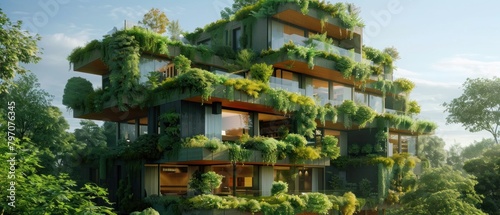 Picture innovative green buildings constructed from recycled materials, minimizing energy consumption.