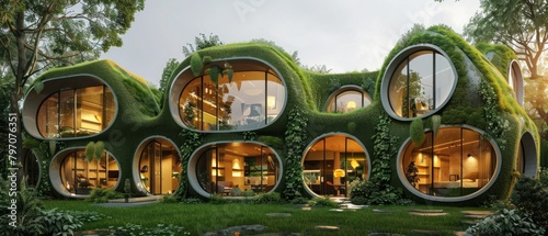 Picture innovative green buildings constructed from recycled materials, minimizing energy consumption.