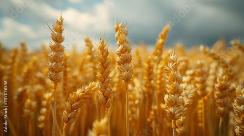 Golden wheat field under cloudy sky