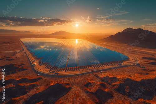 A desert landscape hosting a massive concentrated solar power plant, utilizing mirrors to generate heat for electricity production. Concept of solar thermal energy. Generative Ai. photo