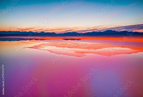 Drone capture of colorful salt flats with hues of pink and orange at sunset. AI generated.