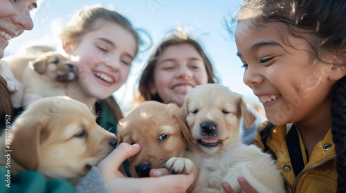 A group of cheerful students looking at and handling golden baby puppies in a schoolyard setting. It is a close-up view on a clear sunny day. 