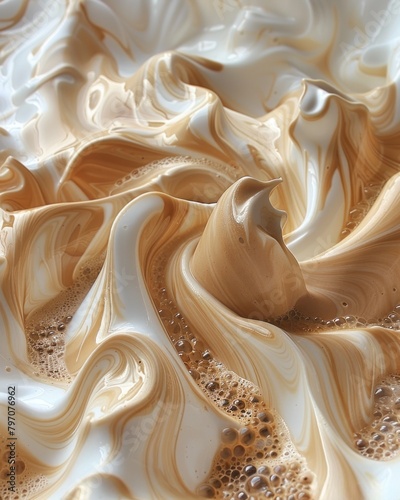 Close up of frothy whipped cream swirling with bubbles