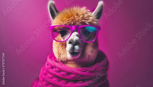 alpaca wearing pink glasses and wrapped in a scarf vibrant magenta color background