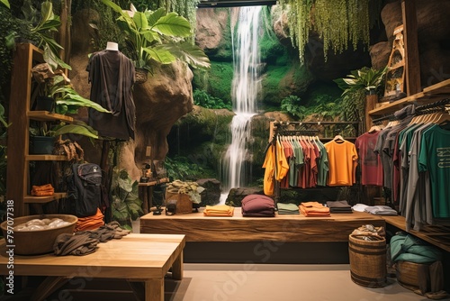 Hidden Jungle Waterfall Gradients: Outdoor Adventure Gear Shop Interior Splendor
