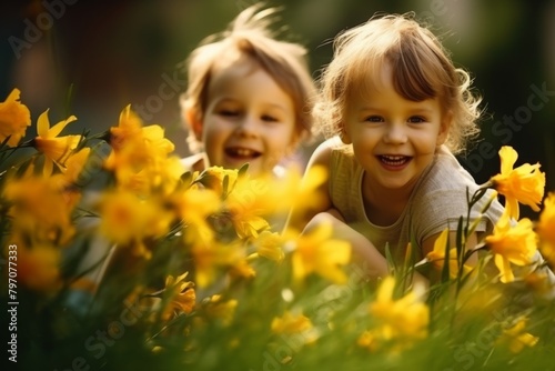 Happy children playing in garden siblings friends flowers fun spring summer youth memory joy sunny day play smiling lifestyle grass kids together activity group observing nature care