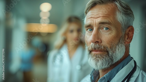 image showcasing a senior male doctor and female patient in earnest conversation, hospital corridor as the backdrop