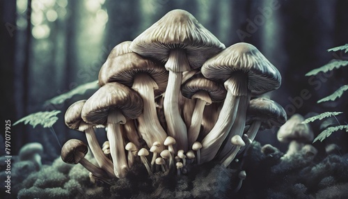 bunch of poisonous mushrooms in engraving style generative ai photo