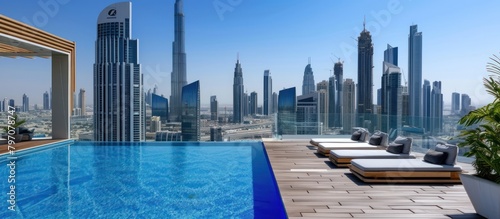 Dubai Marina skyline view with swimming pool