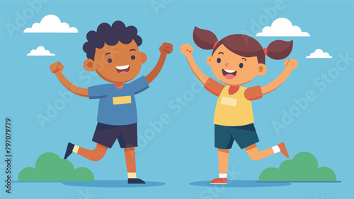 A pair of siblings competing for the title of biggest fan tease each other playfully as they cheer on the runners and debate their favorite techniques. Vector illustration