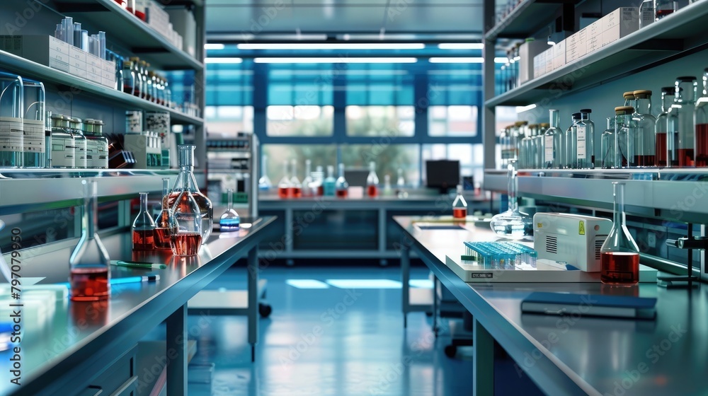 A panoramic view of a research laboratory with scientific equipment used for statistical analysis and experiments.