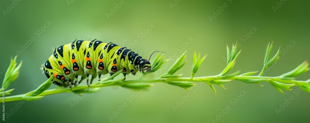 Vibrant caterpillar on fresh green stem