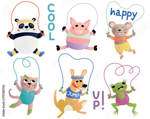 Set of animals jumping rope. Adorable pets and wild beasts skipping. Collection of stickers with pig, cat, dog, frog, mouse and panda. Cartoon flat vector illustrations isolated on white background