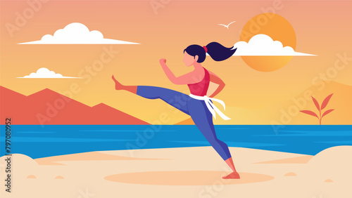 As the sun rises over the horizon a woman practices Wing Chun on the beach feeling the sand between her toes and the power in her punches as she