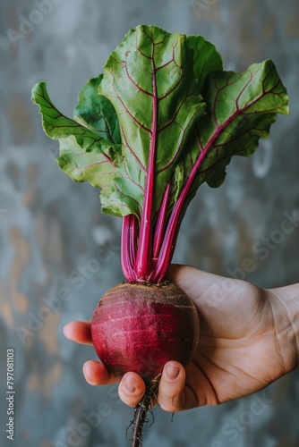 Person holding a beet, a root vegetable in their hand