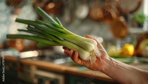 Person holding leafy green onions, a popular ingredient in cuisine