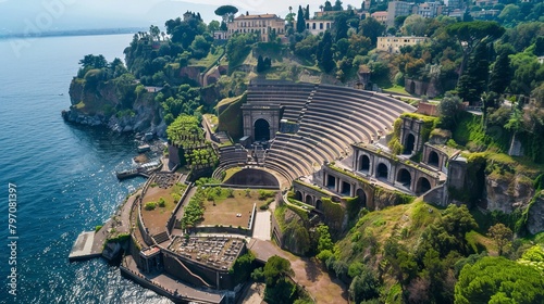 Aerial view of the amphitheater of Virgiliano park, also called Park of Remembrance, a scenic park located on the hill of Posillipo, Naples, Italy. The theater is empty and nobody is in it. photo
