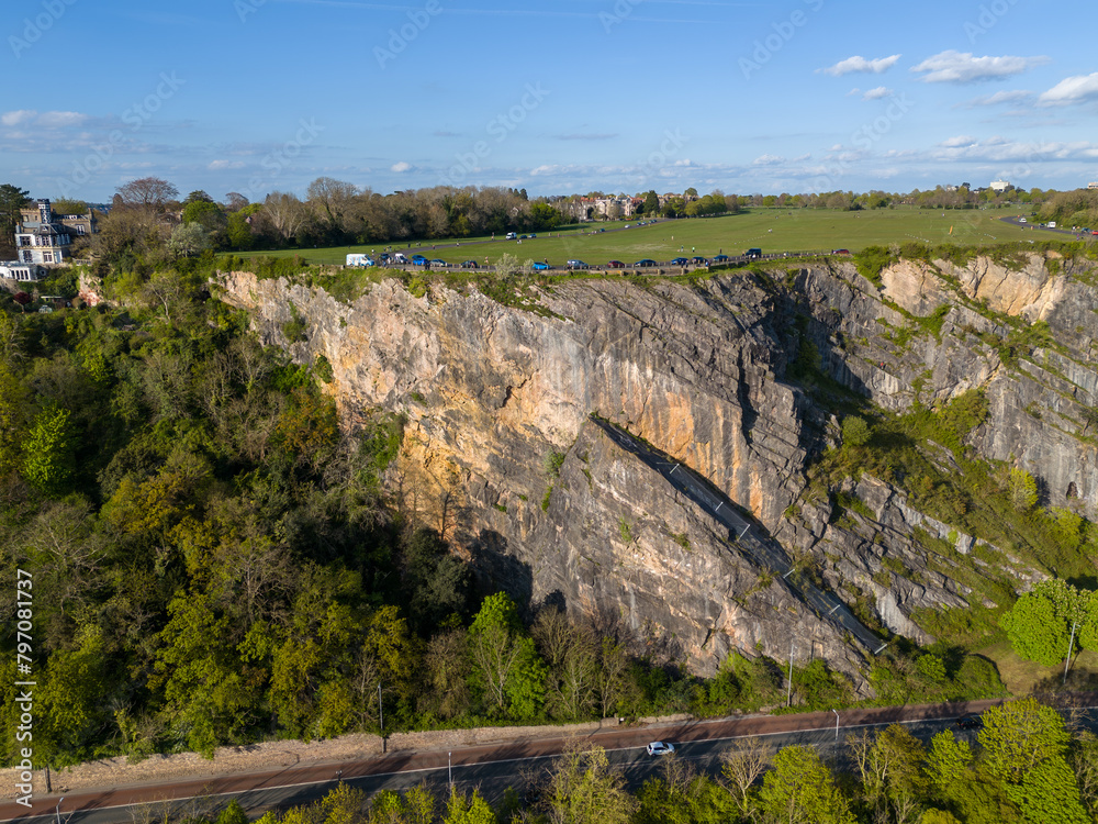 Aerial view of a limestone quarry and surrounding greenery