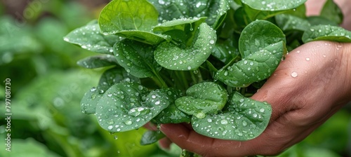 Person holding a bunch of spinach, a leaf vegetable