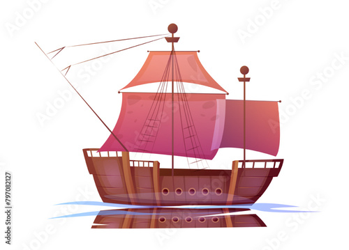 Old wooden ship. Traditional ancient boat with mast, deck and red sails. Antique pirate frigate and schooner sailing on ocean waves. Cartoon flat vector illustration isolated on white background