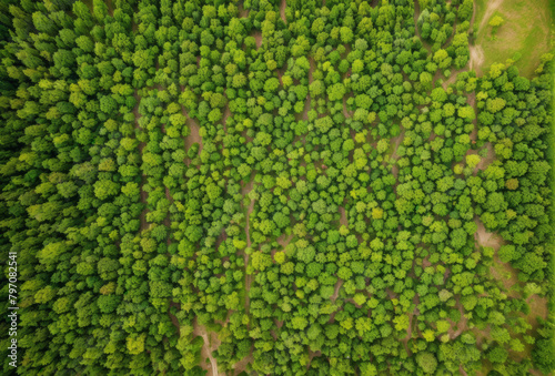 Drone shot capturing the patchwork of lush agricultural fields from above. AI generated.