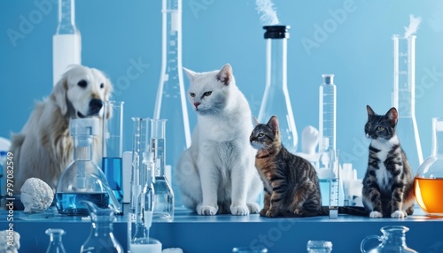 A dog and two cats, small to mediumsized felidae, sit on a lab table photo