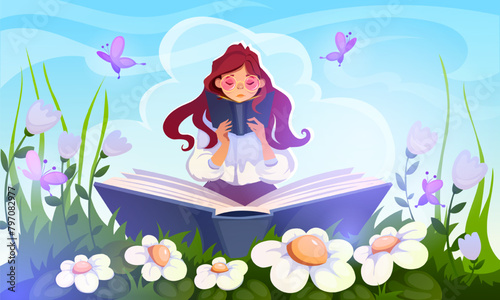 Book festival concept. Beautiful woman opens huge book surrounded by blooming flowers, plants and butterflies. Love of reading and literature. Education and knowledge. Cartoon flat vector illustration