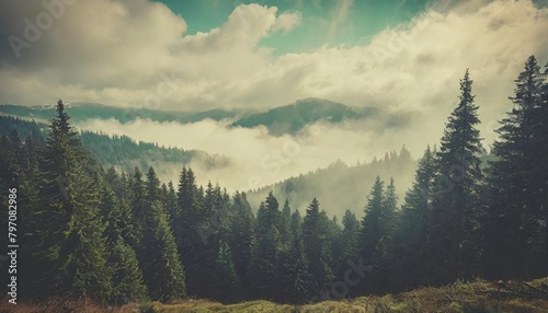 misty landscape with fir forest in vintage retro style generative ai © Marcelo