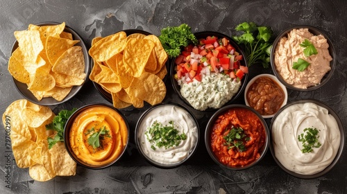A variety of dips and chips are spread out on the table photo