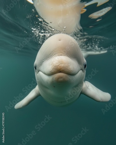 A white dolphin gracefully swims underwater, gazing at the camera © ЮРИЙ ПОЗДНИКОВ