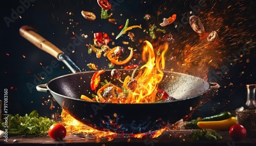 freeze motion of wok pan with flying ingredients in the air and fire flames