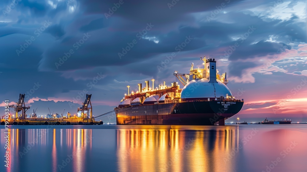 Liquefied Natural Gas Carrier at Industrial Sea Port at Dusk