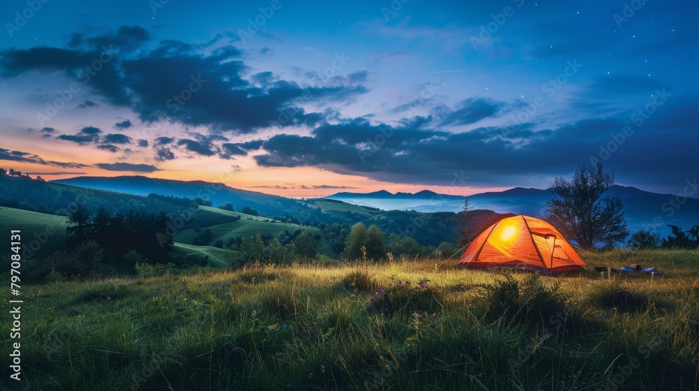 Enchanting twilight campsite in rolling hills