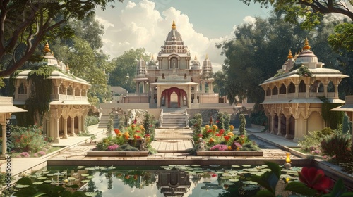 A panoramic view of a temple during the Vat Savitri Vrat, showcasing the community and unity.