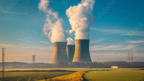 Nuclear Power Plant Cooling Towers Against Blue Sky