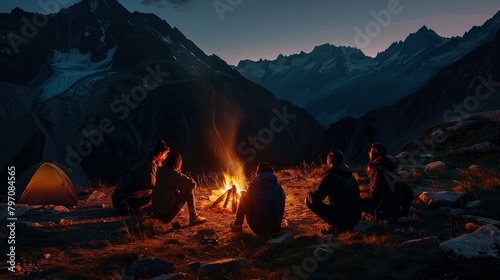 Mountaineers Sharing Stories Around Campfire in Dusk