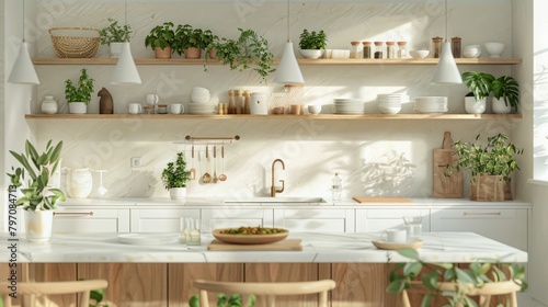 Nordic Kitchen Design, Marble Countertops, Daylight Illumination photo