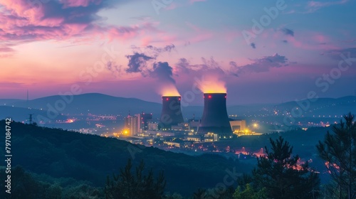 Industrial Beauty at Dusk, Nuclear Facility on Lake, Twilight Calm photo
