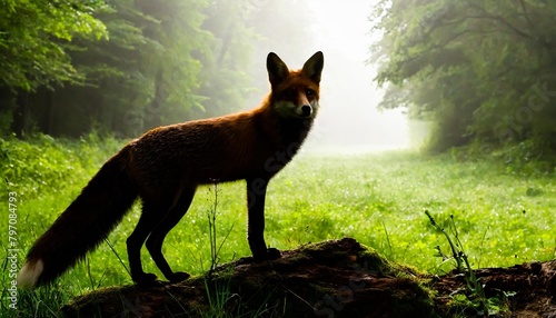 horizontal banner silhouette of fox standing on meadow in forrest silhouette of animal trees grass magical misty landscape fog black and green illustration bookmark