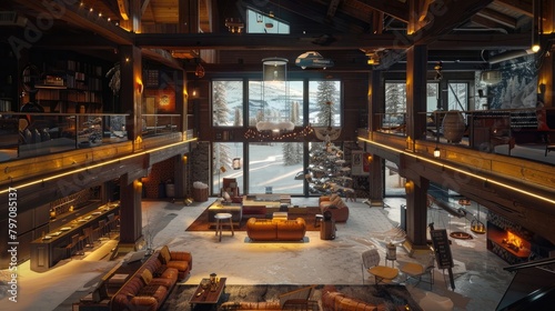 A panoramic view of an Olympic ski lodge interior, showcasing the warmth and camaraderie of the sport.