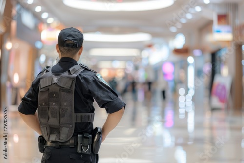 Security guard professional safety patrol man police employee mall safe business protect serve confident authority public space secure guarding agent staff shop convenience store grocery