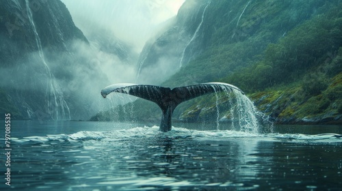 Humpback whale swims in lake with mountain backdrop