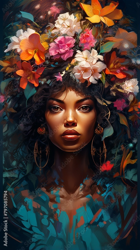  A Vibrant Woman Portrait of Grace and Nature. Feminine Grace Amongst Vivid Florals. A Dreamlike Fusion of Nature's Beauty and Artistic Imagination. Ethereal Elegance. A Woman  in Floral Fantasy.