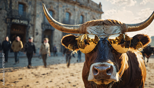 Bull wearing summer sunglasses, summer. Summer bullish trades in stock market.