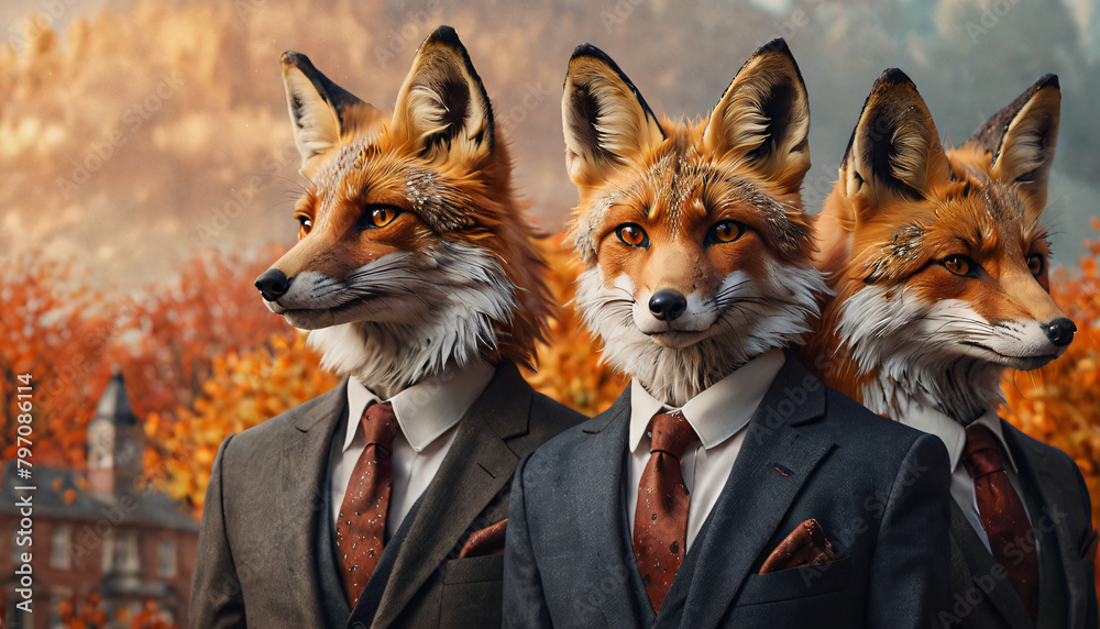 Three foxes wearing suits smart consultants and corporation.