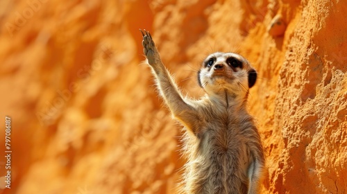 Wallpaper Mural Meerkat waving paw next to rock wall in wildlife landscape Torontodigital.ca