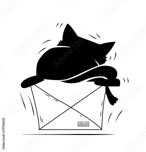 Silhouette of playful cat. Adorable fluffy naughty kitten lies on cardboard box and sleeps. Doodle drawing with funny restless pet. Cartoon flat vector illustration isolated on white background
