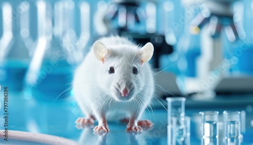 A white rodent with whiskers is on a glass table in the lab