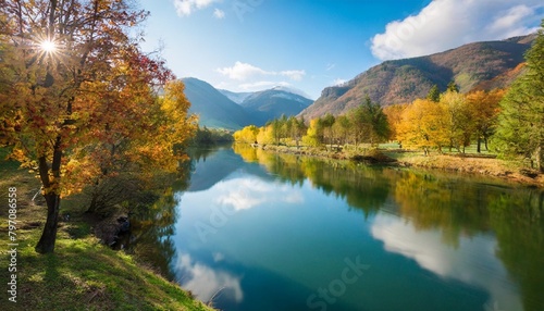 colorful trees river and mountain landscape