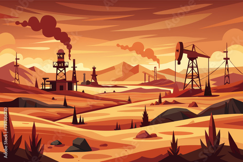 A barren desert landscape scarred by oil drilling rigs and pipelines  illustrating the environmental destruction caused by fossil fuel extraction
